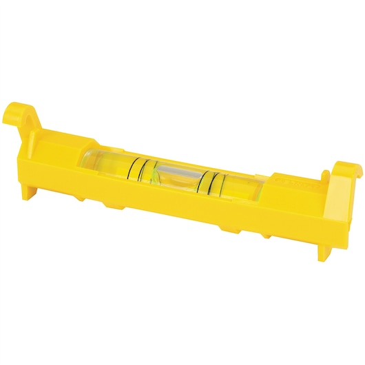 STANLEY 42-193 yellow plastic line level, side angle, showing clear vial and black markings.