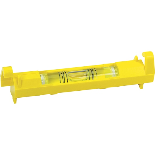 STANLEY 42-193 yellow line level, side angle, plastic body with clear vial and black markings.