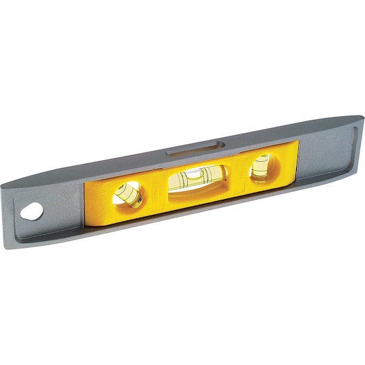 STANLEY 42-465 box beam level, gray and yellow, angled view, shows three vials for measuring.