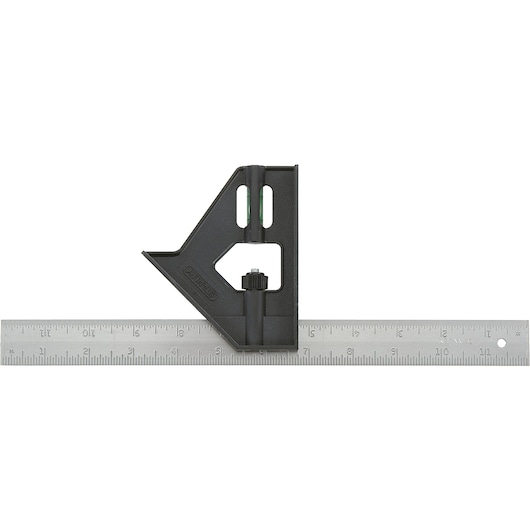STANLEY 46-012 combination square with black handle and metal ruler, front angle, photography.