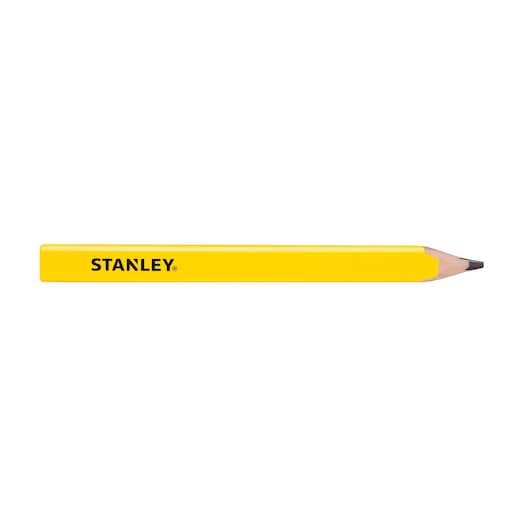 Stanley yellow carpenter pencil, side view, with black logo, on white background