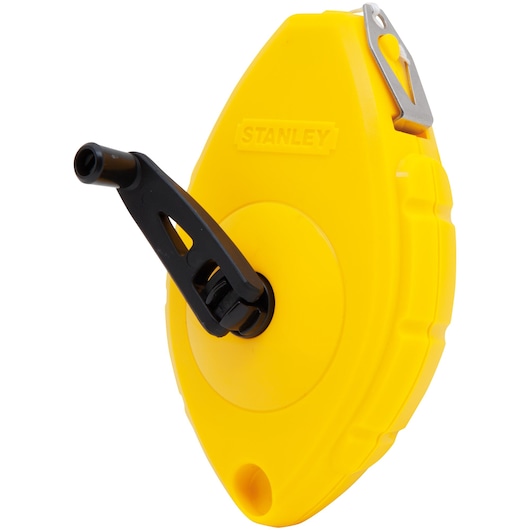 Stanley chalk line reel, yellow body with black handle, front angle on white background