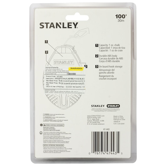 STANLEY 47-443 chalk line reel packaging back, showing product features, instructions, and barcode.