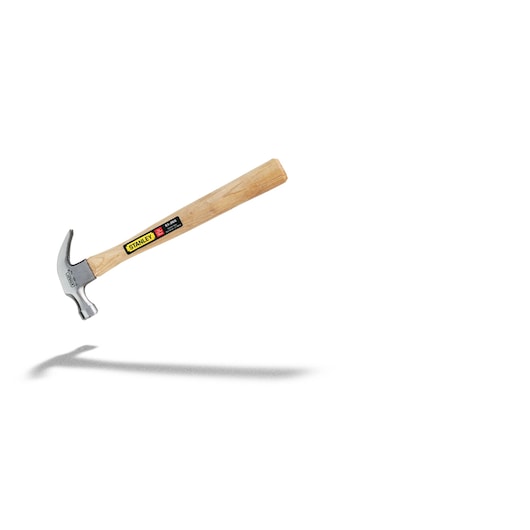 Photo of STANLEY claw hammer with wooden handle, model 51-265, side angle on white background.