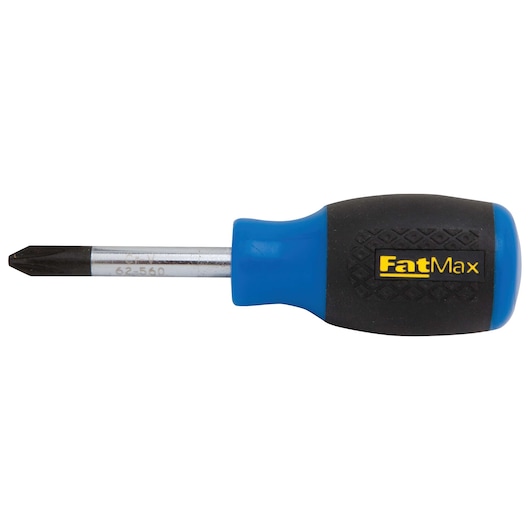 Stanley FatMax stubby Phillips screwdriver with blue and black handle, product shown in side profile on white background.
