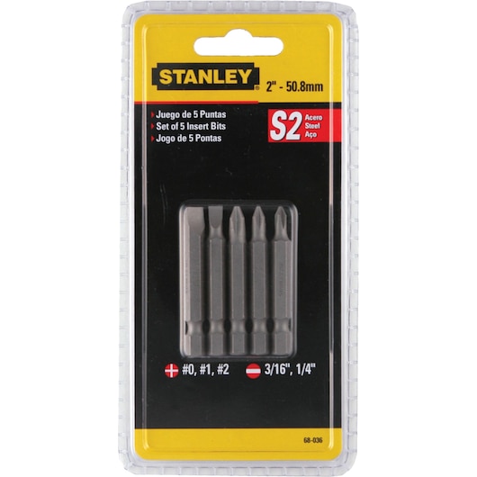 Photo of STANLEY 68-024 set of 5 steel insert bits in retail packaging, front angle.