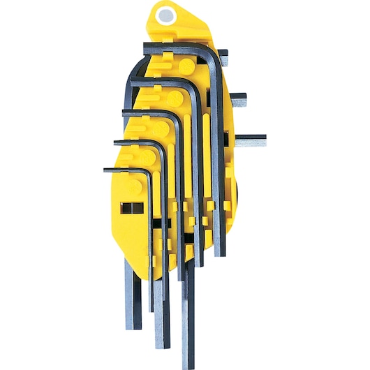 STANLEY 69-252 hex key set in yellow holder, multiple black L-shaped hex keys, front angle, on white background.