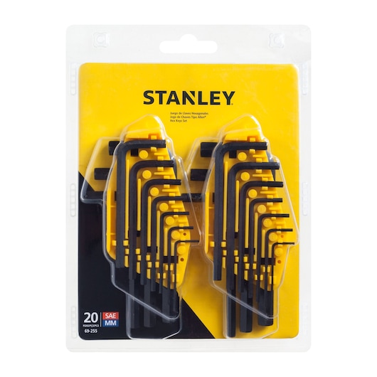 Stanley 69-255 hex key set, 20 pieces, SAE and metric, black keys with yellow holders, front view on white background.