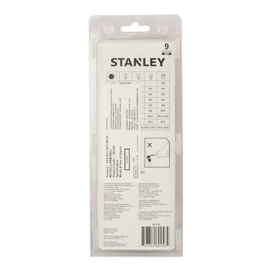 Stanley 69-256-KR hex key set packaging, back view, showing specifications chart and instructions.