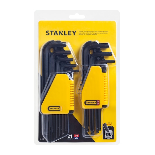 STANLEY 69-258 hex key set, 21 pieces in yellow and black holders, front photography on white background.