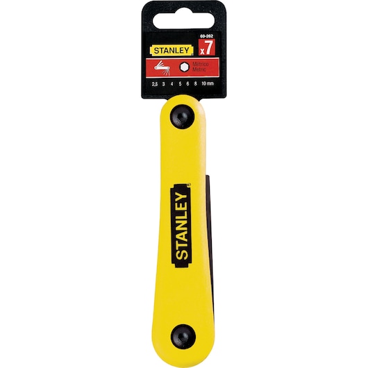 STANLEY 69-262 yellow folding hex key set, metric, front angle, hand tool category.