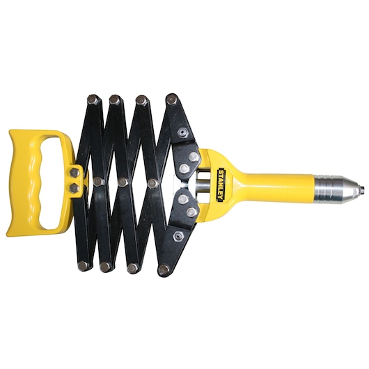 STANLEY 69-800SA yellow and black accordion-style rivet tool, side angle, white background