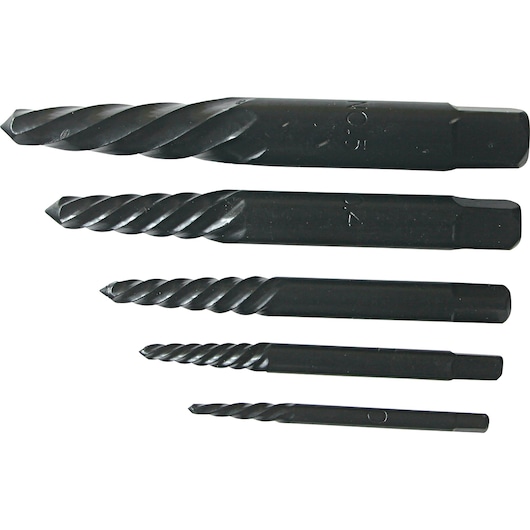 Photo of STANLEY 78-023 screw extractor set, five black spiral steel pieces on white background.