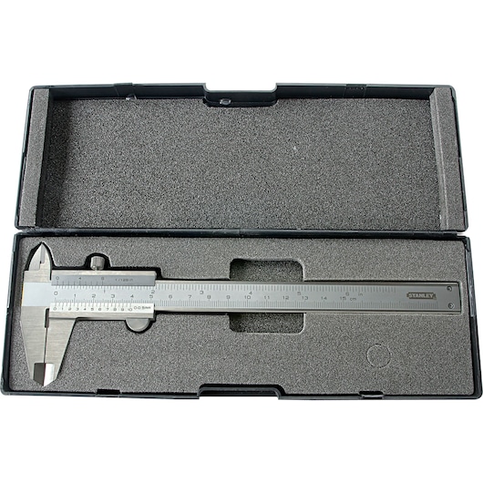 Photo of STANLEY 78-201 stainless steel caliper in foam-lined storage case, top angle view.