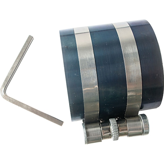 STANLEY 79-048 metal piston ring compressor, side angle, with silver bands and adjustment screw visible.