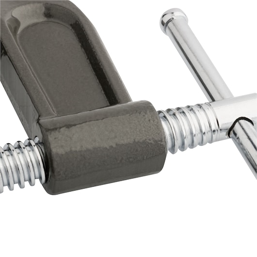 STANLEY 83-508 C-clamp close-up showing gray frame and chrome screw handle, front angle.