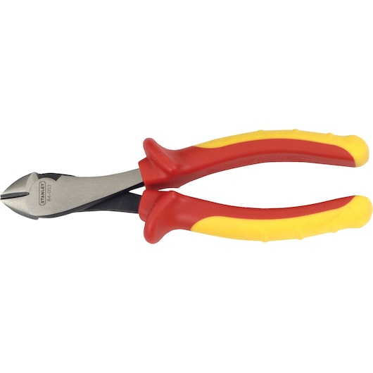 Stanley 84-003 insulated diagonal cutting pliers with red and yellow handle, front angle photo.