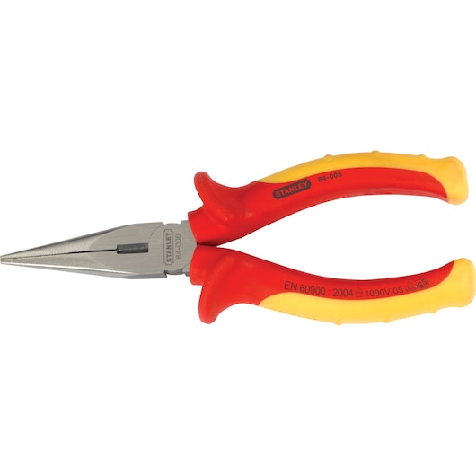 STANLEY 84-006 insulated long nose pliers with red and yellow handles, side angle on white background.