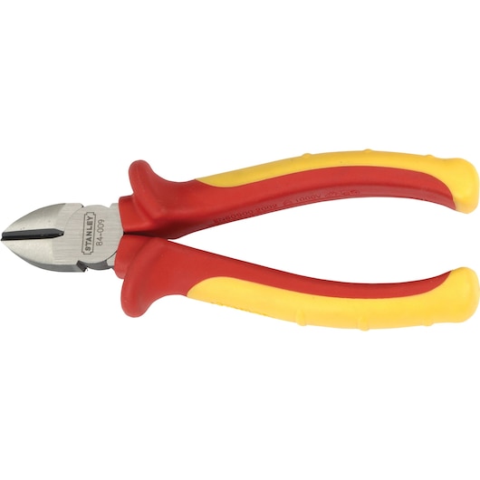 STANLEY 84-009 insulated diagonal cutting pliers, red and yellow handles, side view, photography.