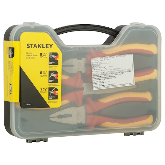 STANLEY 84-011 pliers set in clear plastic carrying case, three pliers with yellow and red handles, front angle.