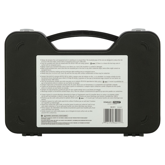 Photo of STANLEY 84-011 hard plastic tool case, black with handle, rear label showing instructions and barcode.