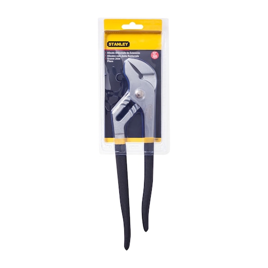 STANLEY 84-021 groove joint pliers in retail packaging, front angle, with black handles and silver jaws.