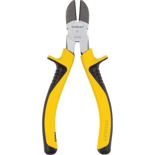 STANLEY 84-054LA diagonal cutting pliers with yellow and black handles, front view on white background.
