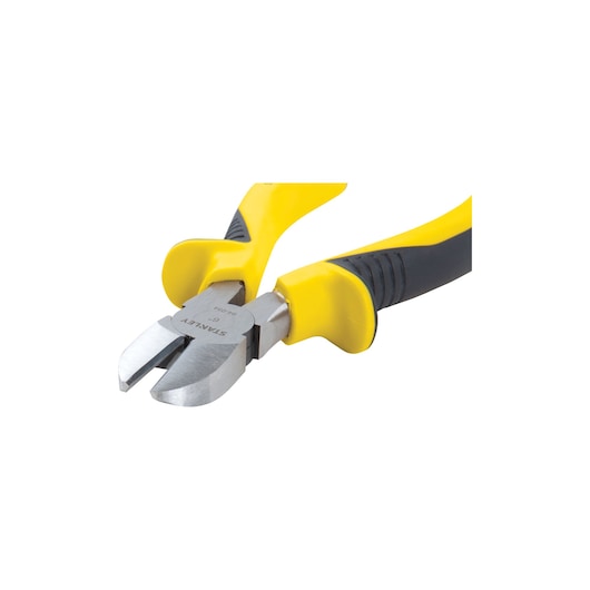 STANLEY 84-054LA diagonal cutting pliers with yellow and black handle, front angle, white background.
