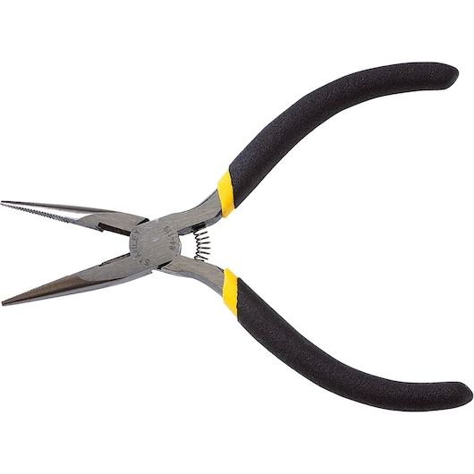 STANLEY 84-119, 84-119LA photography of long nose pliers with black handles, angled view, white background.