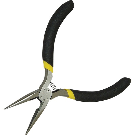 STANLEY 84-119, 84-119LA long nose pliers with black and yellow handles, side view, hand tool category.