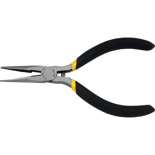 STANLEY 84-119, 84-119LA long nose pliers with black and yellow grip, side angle on white background.