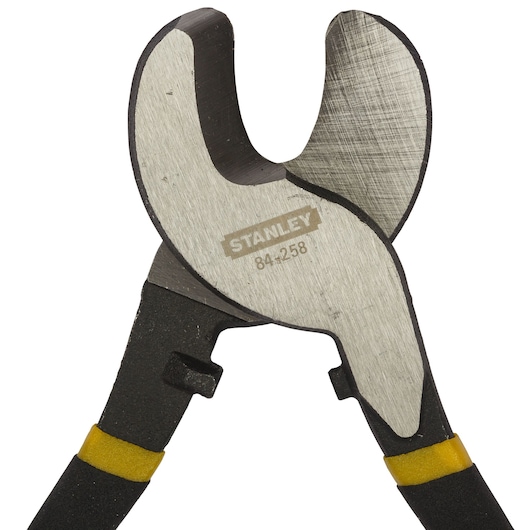 STANLEY 84-258LA cable cutter with sharp curved blades, black and yellow handles, front angle, white background.