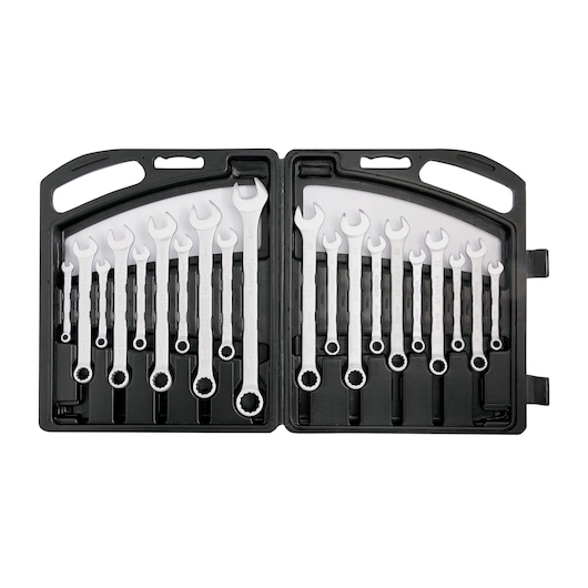 STANLEY 85-783LA wrench set with 14 pieces in a black case, top view on white background.