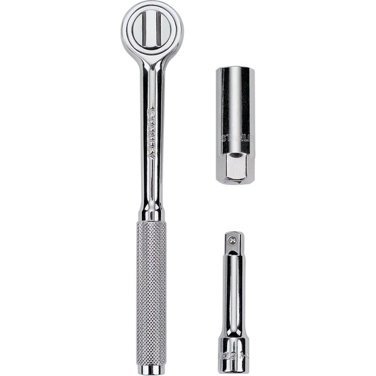 STANLEY 86-249 ratchet wrench set with extension and socket, silver finish, top-down view on white background.