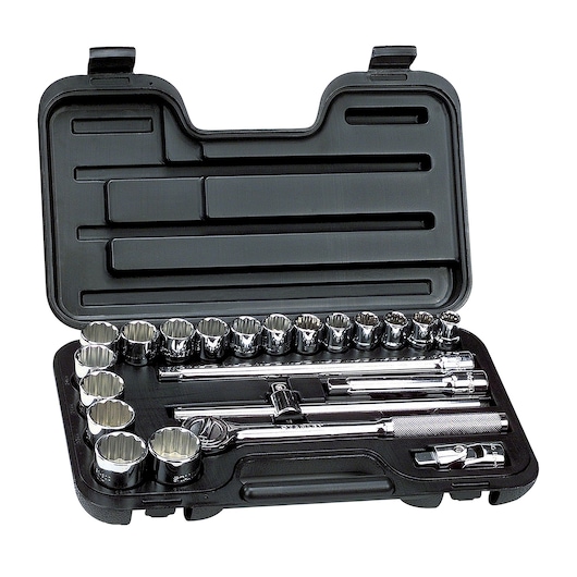 STANLEY 86-531 socket wrench set in black case, chrome pieces, top angle photo.