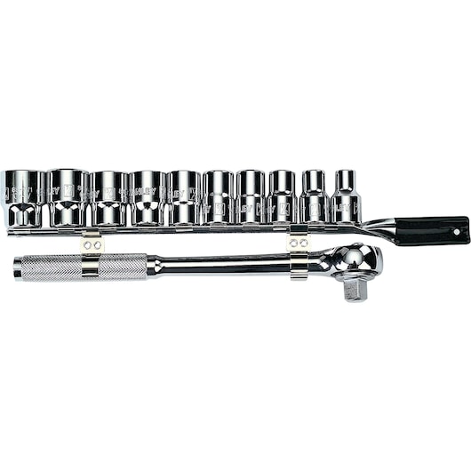 STANLEY 86-734 socket set with ratchet handle, chrome finish, photographed on white background.