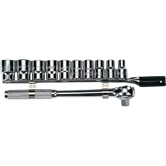 STANLEY 86-734 socket set with ratchet handle, chrome finish, photographed on white background.