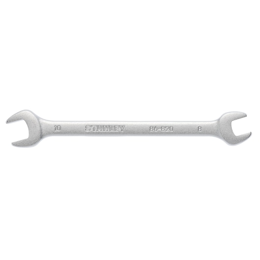 STANLEY 86-820 double open-end wrench, silver finish, sizes 10 and 8mm, product photo on white background.