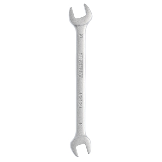 Photo of STANLEY 86-820 open-end wrench, silver, dual head, flat view on white background, hand tool category.
