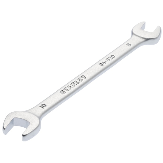 STANLEY 86-820 open-end wrench, silver, dual size 8mm and 10mm, top angle, hand tool category.