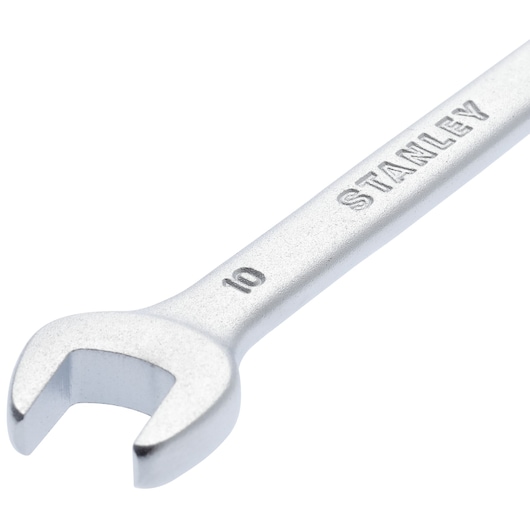 Photo of STANLEY 86-820 open-end wrench, silver finish, size 10, tool angled on white background.