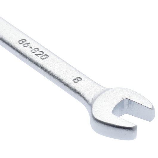 Photo of STANLEY 86-820 open-end wrench, silver finish, angled on white background, tool category.