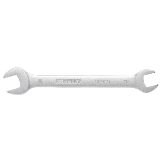 Stanley 86-821 double open-end wrench, silver metal, front angle, hand tool photography.