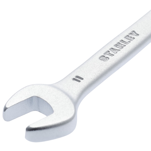 STANLEY 86-821 open-end wrench, silver, size 11, left angled view on white background.