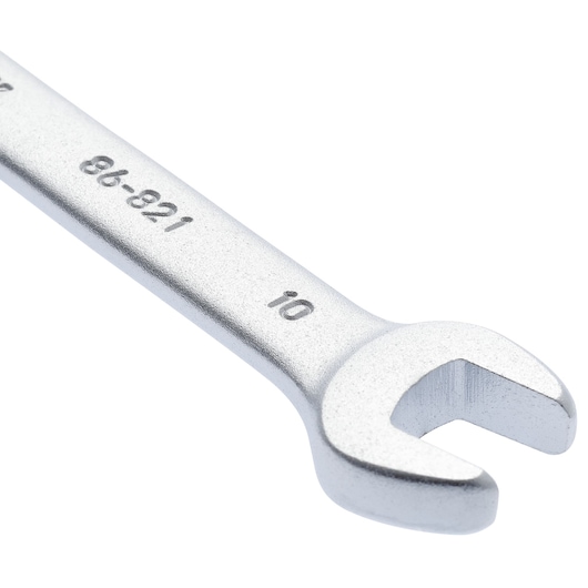 STANLEY 86-821 silver open-end wrench, photography, angled close-up on white background.