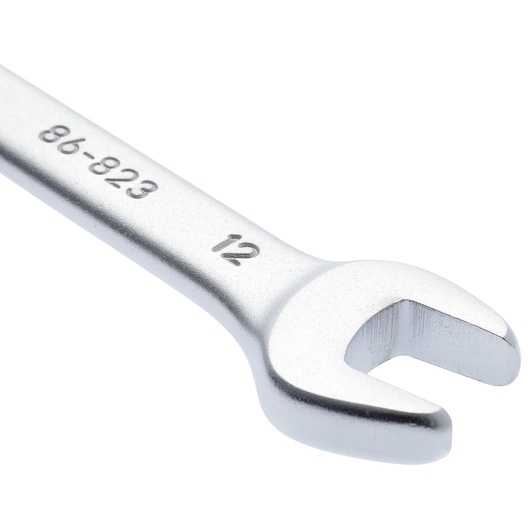 Photo of STANLEY 86-823 open-end wrench, silver finish, angled on white background, tool category.