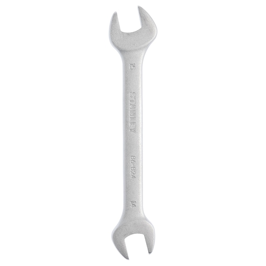 STANLEY 86-824 double open-end wrench, silver, sizes 14mm and 15mm, top-down view on white background.