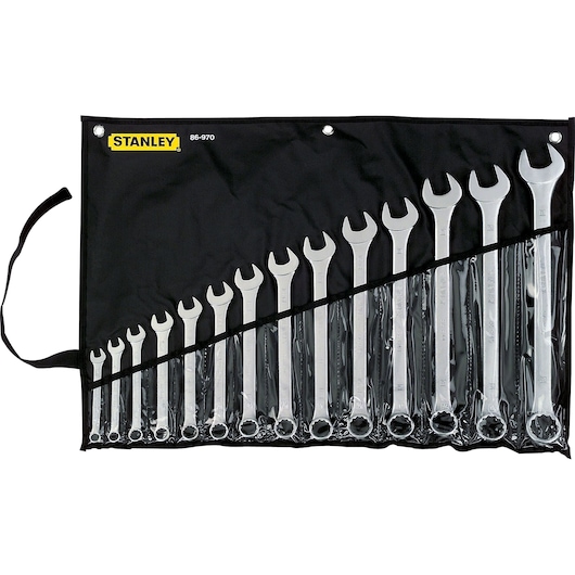 STANLEY 86-970 wrench set photography, silver wrenches in black roll-up pouch, front angle.
