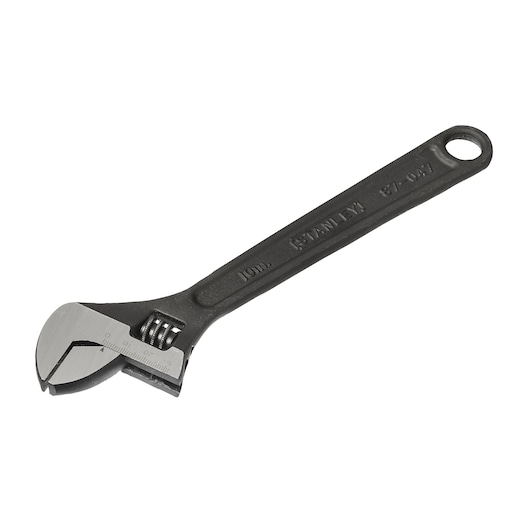 Photo of STANLEY 87-047 adjustable wrench, black metal with silver jaws, top angle on white background.