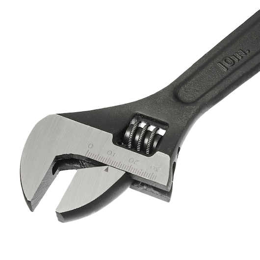 STANLEY 87-047 adjustable wrench, close-up side angle, silver jaw with black handle, photography